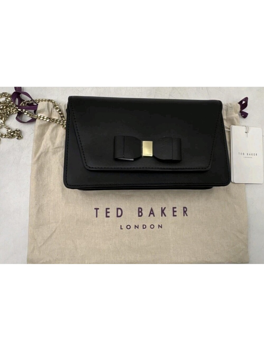 Ted Baker London Purse Keeiira Black Leather Bow Chain Shoulder Evening Bag NWT